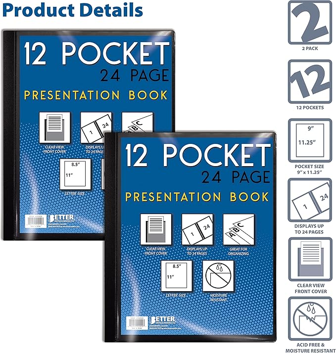 Better Office Products 12 Pocket Bound Presentation Book, Black, Clear View Front Cover, 24 Sheet Protector Pages, 8.5" x 11" Sheets, Art Portfolio, Durable Poly Covers, Letter Size (2 Pack)