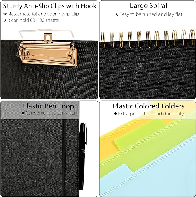 Ospelelf Black Foldable Spiral Clipboard Folio with Storage Zipper Pouch, 5 Plastic Folders with 10 Pockets,Refillable Lined Notepad (11" x 8.5"), Hardcover Project Organizer with 39 Stickers