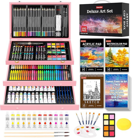 Christmas Gifts Birthday Gifts, Art Kits Art Sets, Aesthetic Cute Preppy Stuff Art Supplies, Soucolor 192-Pack Deluxe Drawing Stuff with Acrylic Pad, Watercolor Book and Sketch Book, Canvases, Brushes