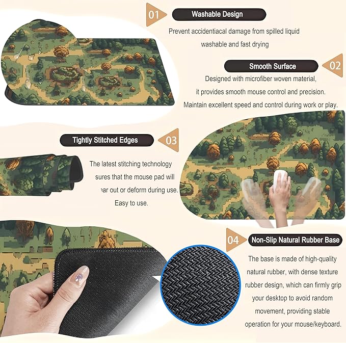 Retro Brown Green Desk Mat XL Large Gaming Green Forest Pixel Mouse Pad Non-Slip Rubber Base Mousepad, Keyboard Mouse Mat, Laptop Computer Mat with Stitched Edges, Office Work Mat 31.5x11.8 in