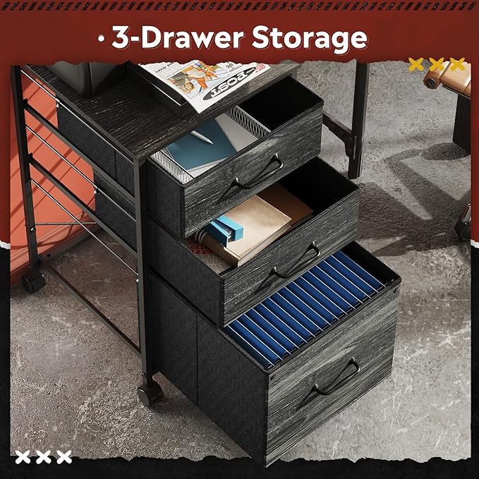 DEVAISE Mobile File Cabinet, Rolling Printer Stand with 3 Drawers, Fabric Vertical Filing Cabinet fits A4 or Letter Size for Home Office, Charcoal Black Wood Grain Print