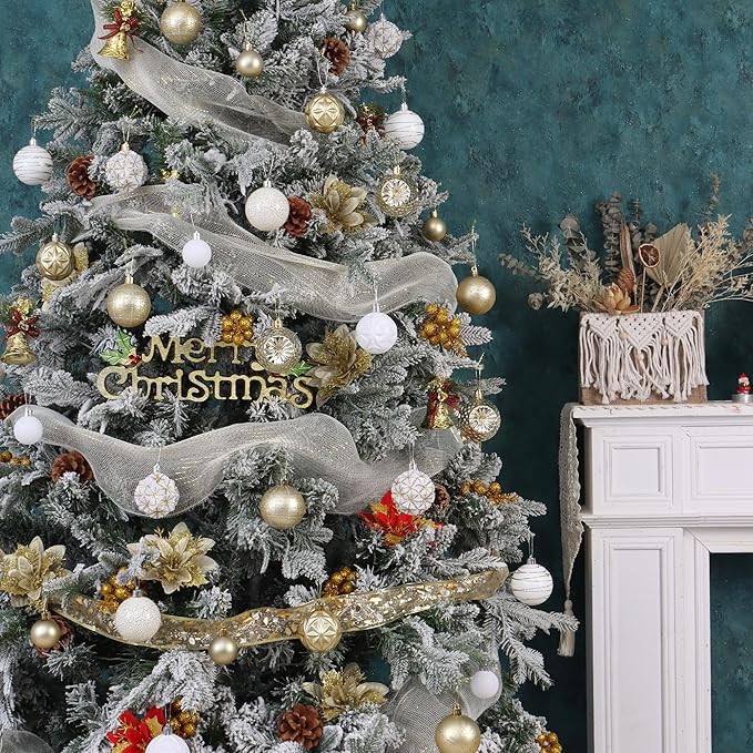 100ct White &Gold Christmas Ornaments Set, Shatterproof Luxury Xmas Tree Ornaments Decorations Collection, Hanging Plastic Christmas Balls for Holiday Party Wedding (White&Gold)