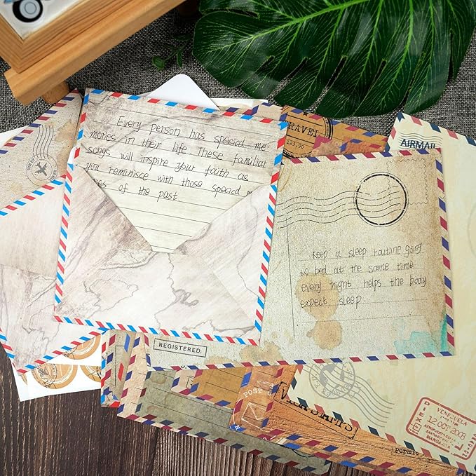 160 Packs Stationery Paper and Envelopes Set 10 Different Designs, 50 One Sided Stationery Writing Papers with 50 Matching Envelopes and 60 Round Dot Sticker, 5.5 x 8.25 Inch (VintageTravel)