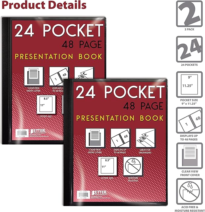 Better Office Products 24 Pocket Bound Presentation Book, Black, Clear View Front Cover, 48 Sheet Protector Pages, 8.5" x 11" Sheets, Art Portfolio, Durable Poly Covers, Letter Size (2 Pack)