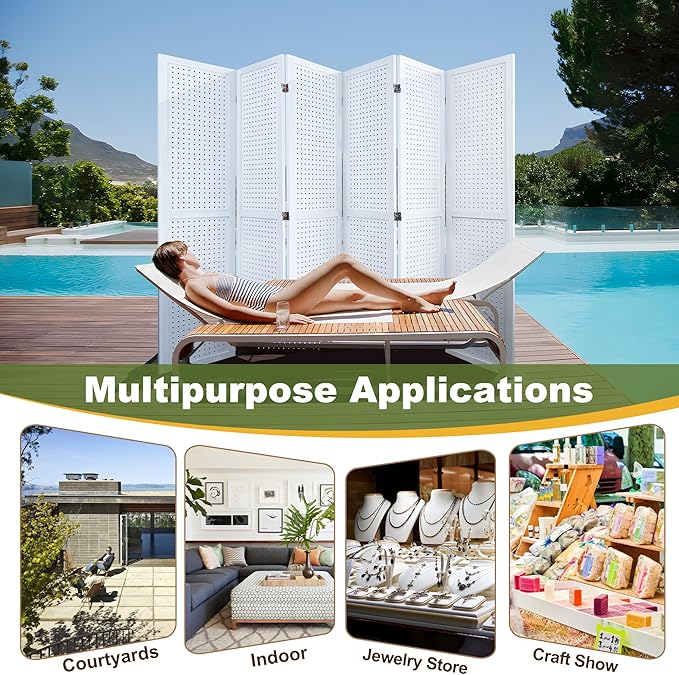 NicBex 6 Panel Pegboard Display,5.6FT Wood PegBoard Room Dividers,Folding Privacy Screens Portable Freestanding Display Board for Craft/Art Shows,Room Separation,White