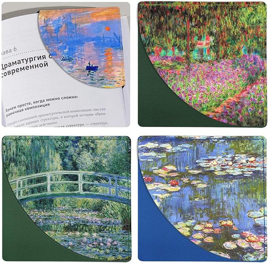Monet Oil Painting Corner Bookmarks 4 Pcs, Cute Leather Book Accessories for Book Lovers, Reading Book Page Markers for Women Gifts (Water Lilies Irises Japanese Bridge Impression Sunrise)