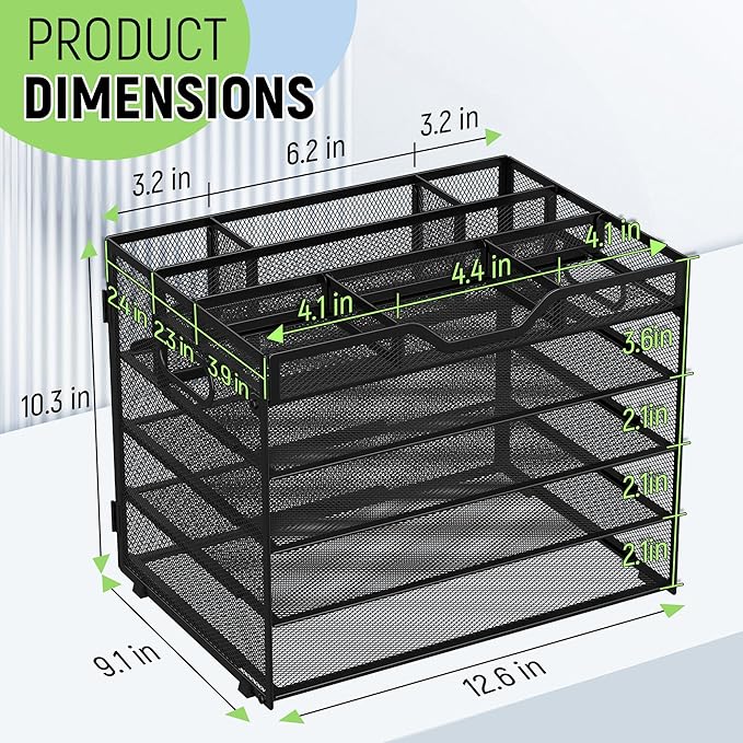 Docnest 5 Tier Mesh Desk Organizer- Letter Tray with Adjustable Compartments, Mesh Desktop Storage Built in Pen Holder and Handles, Desk Organizer Tray for Mail Documents Office Supplies-Black