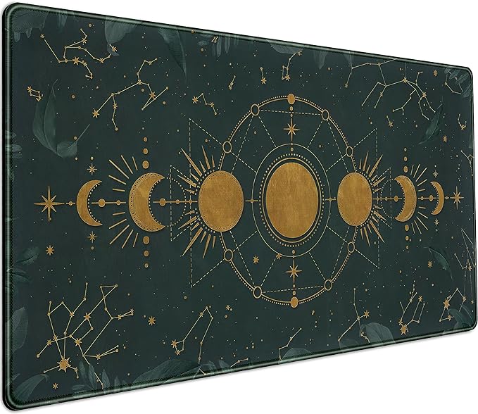 Dark Academia Mousepad Forest Green XXL Desk Mat Gold Moon Phases Large Extended Mouse Pad Gaming Laptop Keyboard and Mouse Mat Desk Pad, Non-Slip Rubber Base with Stitched Edges, 31.5x15.75 in