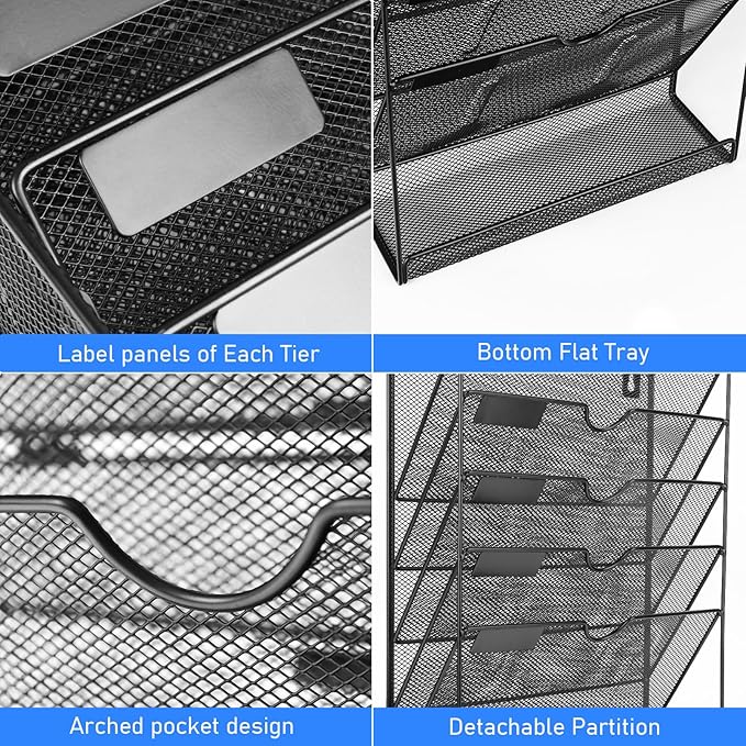 Wall File Organizer, 6 Pockets Mesh Hanging File Organizer, Wall Mount File Paper Folder Holder With Hooks, Wall Organizer Magazine Document Mail for Office School, Black