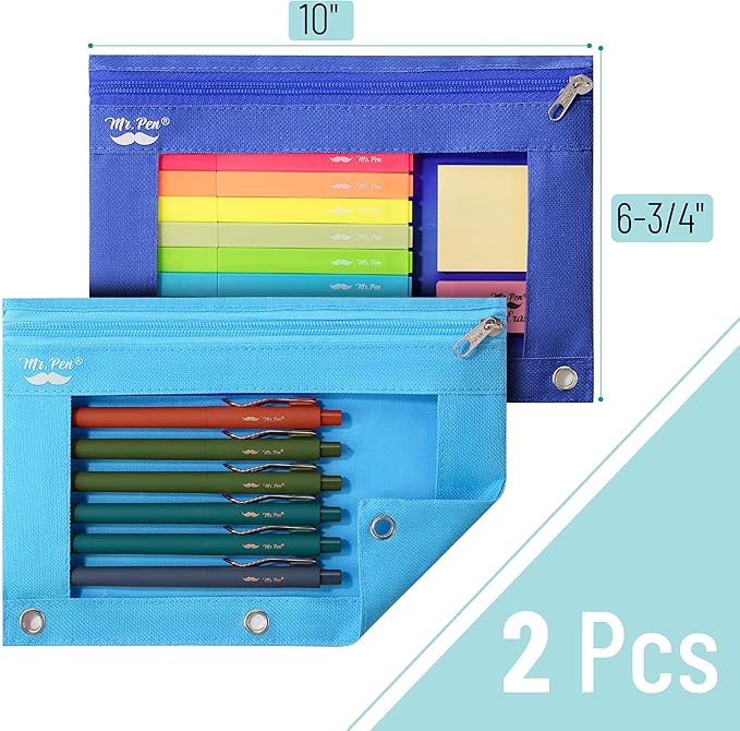 Mr. Pen- Pencil Pouch for 3 Ring Binder, 2 Pack, Blue Shades, 3 Ring Binder Pencil Pouch