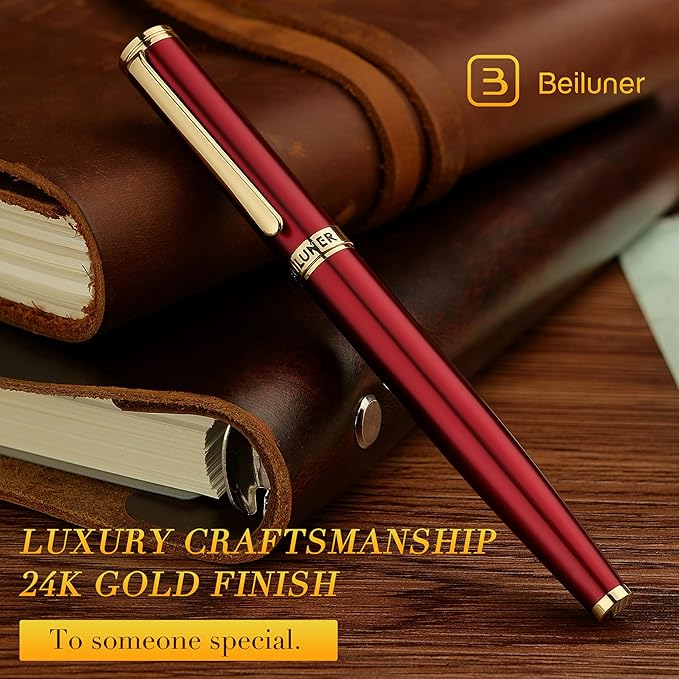 BEILUNER Red Fountain Pen,Stunning Luxury Lacquer,24K Gilded Nib(Fine),Gorgeous 24K Gold Finish,Ink Converter, Fancy Gift for Men&Women-Elegant, Executive,Office, Elegant, Nice Pens for Writing