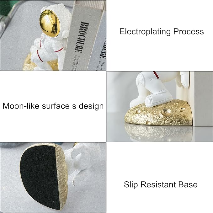 Space Theme Bookends for Shelves, Astronaut Moon Book Ends for Kids Room, Decorative Planet Book Stoppers to Hold Books Heavy Duty, Unique Boys and Girls Gift (Gold)