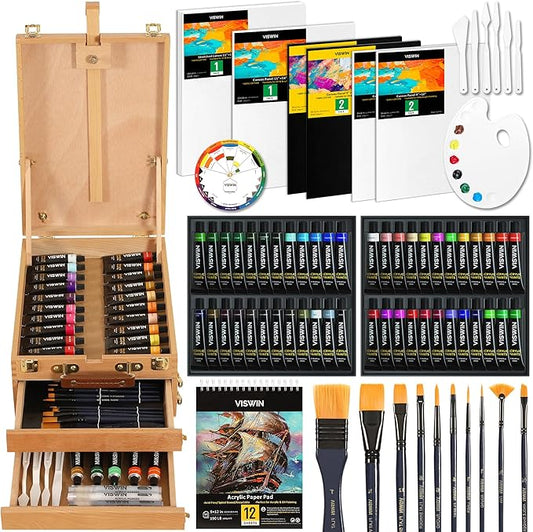 VISWIN Deluxe Acrylic Paint Kit with Tabletop Easel Box, 74 Pcs Painting Kit with 48 Acrylic Paint Set, Canvas, Brushes, Art Supplies for Adults, Artists, Beginners