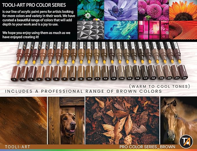 TOOLI-ART 22 Acrylic Paint Markers Pens Pro Color Series Set 3mm Medium Tip for Rock Painting, Glass, Mugs, Wood, Metal, Glass, Canvas, DIY. Non Toxic, Waterbased, Quick Drying (BROWN)