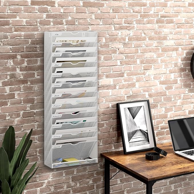 13 Tier Hanging Wall File Holder, Metal A4 Wall Mounted Document Holder, Vertical Hanging Mail Organizer, Magazine Storage Rack with Tray for Office Home Classroom, White