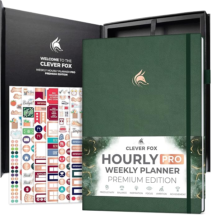 Clever Fox Hourly Planner PRO Premium – Undated Schedule Planner with Daily Time Slots – Personal Organizer Notebook for Time Management – Weekly & Monthly Life Journal, A4 size (Forest Green)