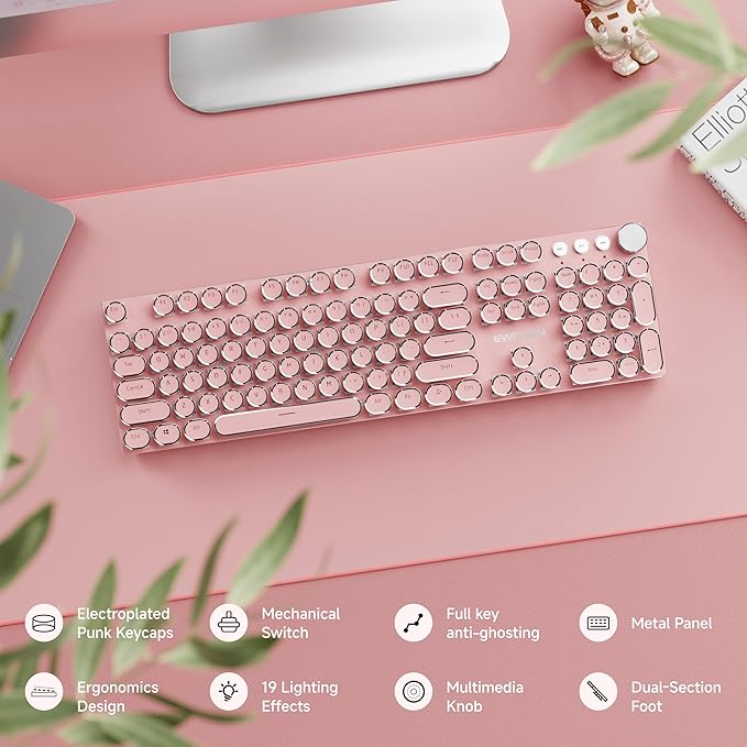 EWEADN Typewriter Style Mechanical Gaming Keyboard, Wired Mechanical Keyboards,104 Keys Backlit LED Keyboards, Media Control Knob, Wired Computer Keyboard White Switch for Windows/Mac/PC-Dark Pink