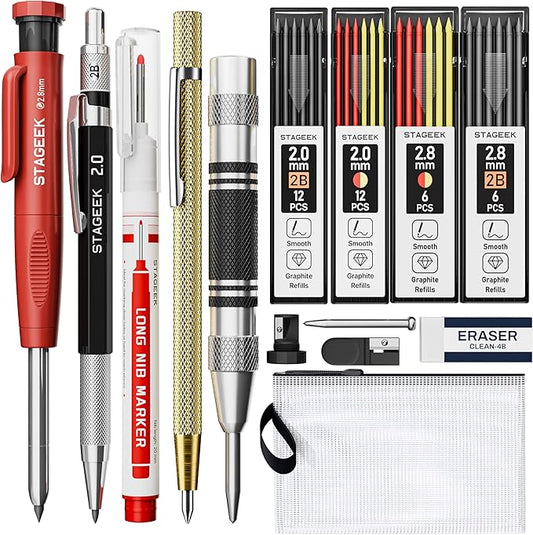 14 Pack Carpenter Pencil Set with Sharpener, Carpenter Pencils with Automatic Center Punch, Carbide Scribe Tool, Deep Hole Long-Nib Marker Pen & Construction Pencils for Architect with Pouch