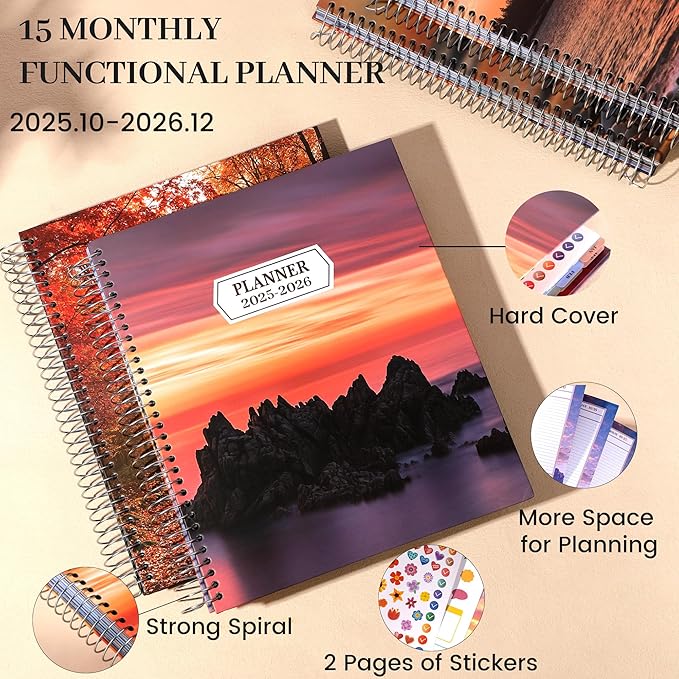CAGIE 15 Month Planner Oct 2025-Dec 2026 Hourly Daily 2025-2026 Weekly Monthly Planners for Women 25-26 Day Hardcover Calendar Agenda with Stickers, 8.5 x 11