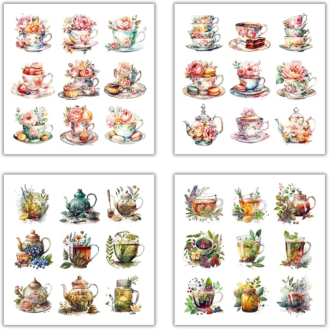 XERE 144 Pcs Tea Sets Four Seasons Sticker Book for Journaling Notebooks, Sketchbook, Bookmark Making, Junk Journal, Budget Planner, Scrapbook Art Supplies Stickers