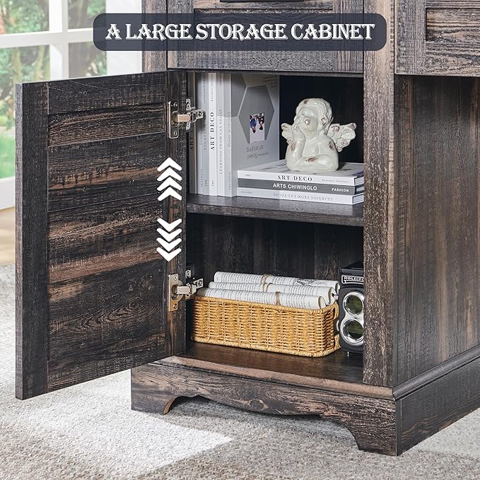 RedLemon 60" Farmhouse L Shaped Executive Desk with Drawers, Wood Home Office Corner Desk with Charging Station, File Drawer, Storage Cabinet, Rustic Computer Writing Desk (Dark Rustic Oak)