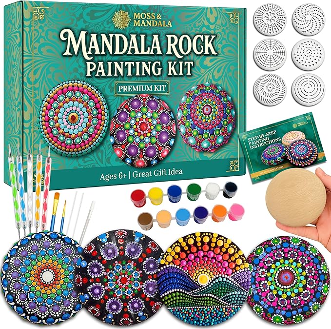Mandala Rock Painting Kit – Mandala Dotting Tools Set - 5 Large Wooden Rocks + 6 Stencils + Acrylic Paints - Relaxing Arts and Crafts for Adults Women - DIY Hobbies Art and Projects Dot Art Kit