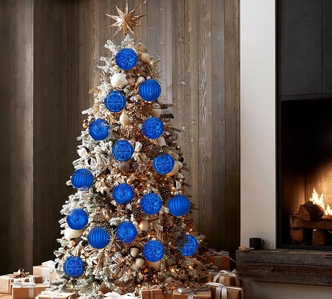 Hollyone 4.7 Inch Large Blue Christmas Ornaments 4Pcs Shatterproof for Xmas Tree Decor with Hook