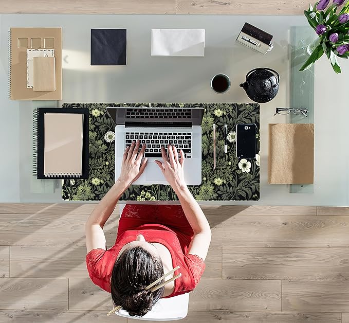 Dark Green Floral Plants XXL Gaming Mousepad & Desk Pad - Nature Leaf Flower Laptop Keyboard Mat 31.5 x 15.75