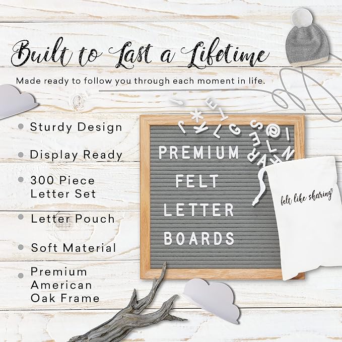 Felt Like Sharing Square Letter Board (Gray Felt - 10”x10”) – Changeable Message Board with 3 Sets of Felt Board Letters – Statement Wall Sign for Quotes, Home or Holiday Decor In Oak Frame