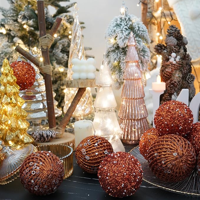 6pcs 3.94" Christmas Ball Ornaments Glitter Shatterproof Christmas Tree Ornaments Sequin Xmas Hanging Balls Decorations for Wedding Party Holiday(Orange)