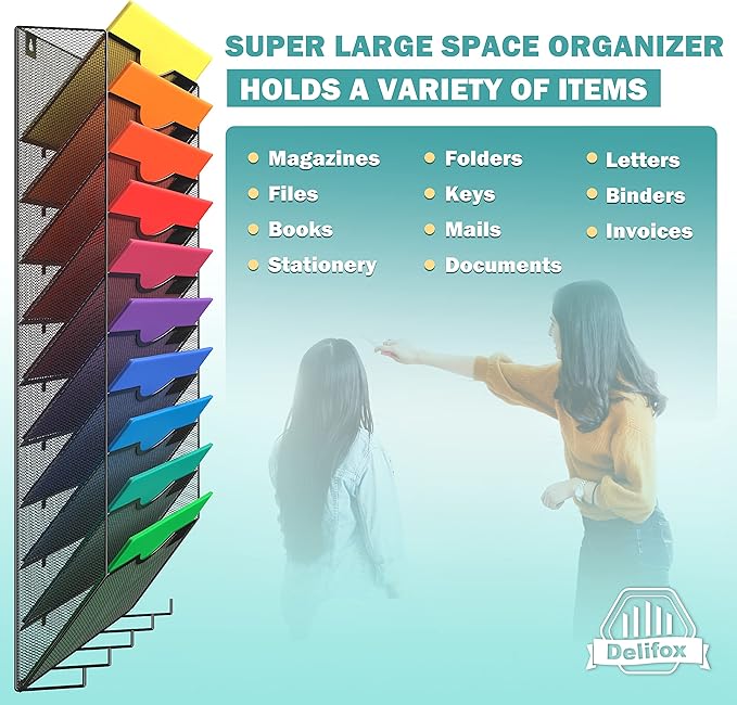 10-Tier Wall Mounted Hanging File Organizer Metal Mesh Wall Organizer Wall File Holder Magazine Rack for Office Classroom Organization