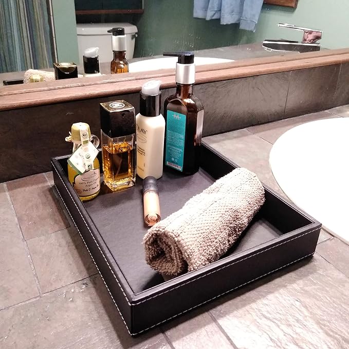 ULTRAY, Valet Tray, Desk Tray, Key Bowl, Nightstand Organizer for Men, Black PU Leather, 10.3 x 8.3 x 1.6 inches