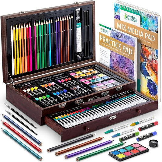Norberg & Linden 144-Piece Art Set in Wooden Box with Drawer - Art Set for Adults, Teens, Kids - Premium Art Supplies - Includes Watercolors, Oil Pastels, Crayons, & More