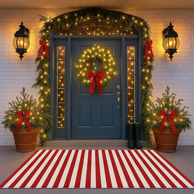 Christmas Red & White Striped Rug - 4' x 6' Outdoor Front Door Decor Mat Cotton Washable Hand-Woven Rug Christmas New Year Holiday Porch Entryway Layered Doormat