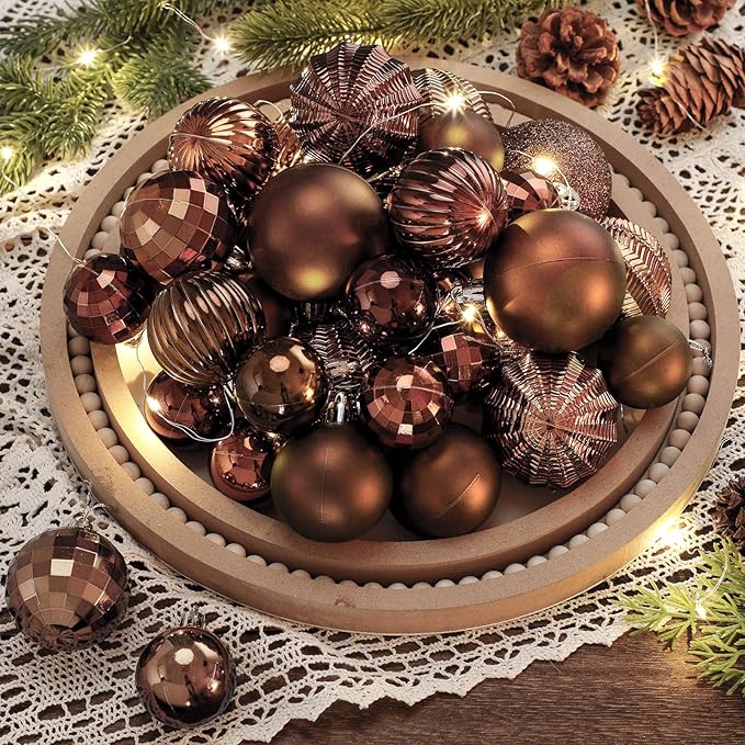 64 Pcs Neutral Brown Christmas Ball Ornaments Glitter Matte Brown Xmas Bulbs Ornaments 1.6/1.97/2.4 Inch Rustic Xmas Baubles Assorted Size Modern Christmas Decoration for Tree Home Indoor Decor