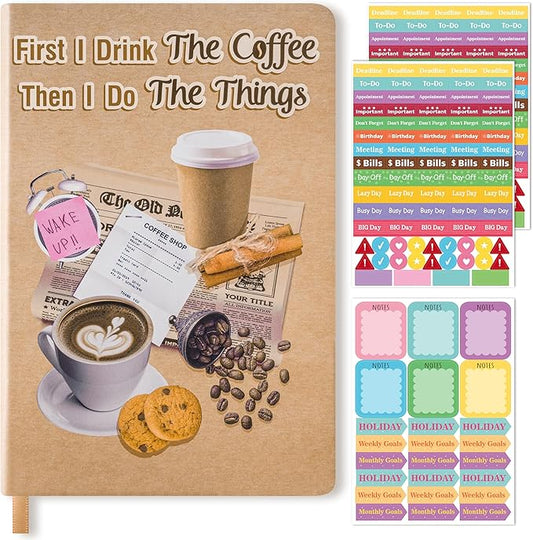 B1ykin Hardcover Ruled Journal Notebook with Planner Stickers, 196 Pages PU Leather Journal Notebook Journals Diary Notepad for Writing Travel Business Work School College Note Taking (Coffee)