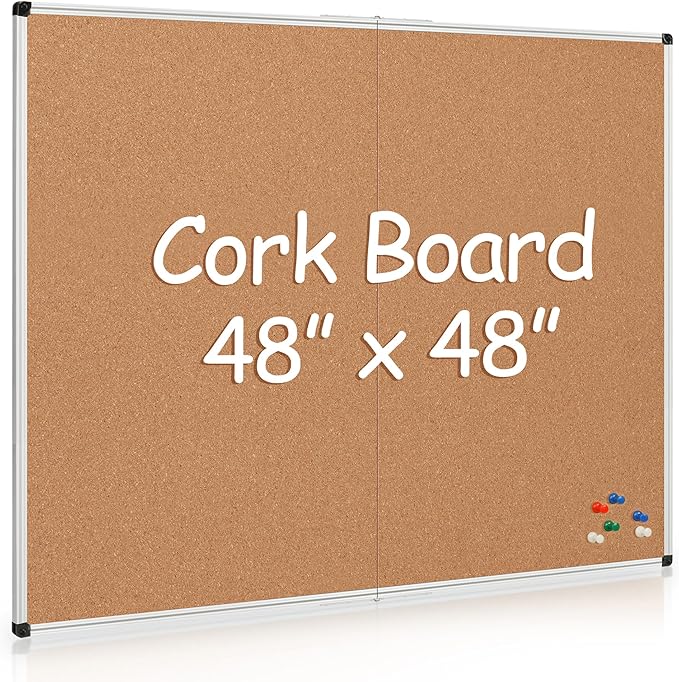 Board2by Extra Large Cork Bulletin Board 48" X 48", Foldable Notice Pin Board for Wall, Silver Aluminum Framed 4'x4' Corkboard, Wall Mounted Noticeboard with 36 Push Pins for School, Home & Office