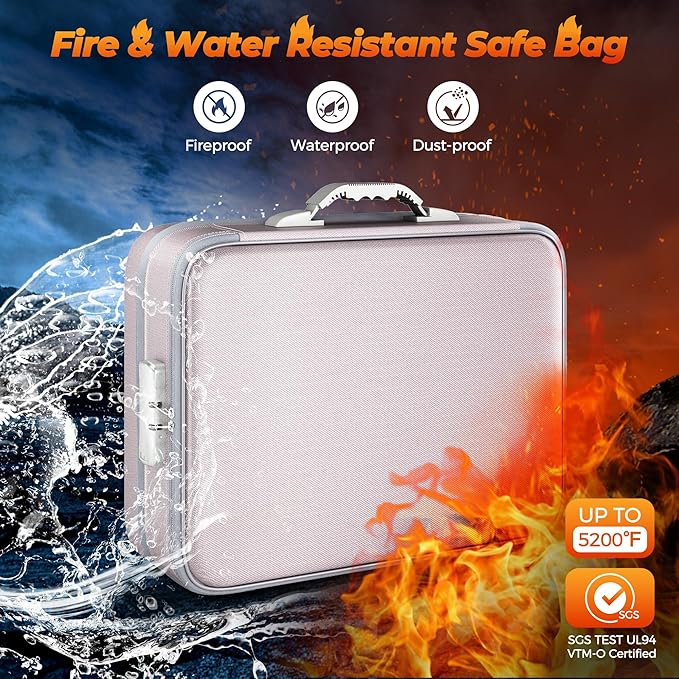 Nacial 5200℉ Fireproof Document Box with Lock, Expandable Document Organizer, Heat Insulated Fireproof Waterproof Box for File Storage, ﻿Portable Sturdy Handle for Important Documents Home Travel