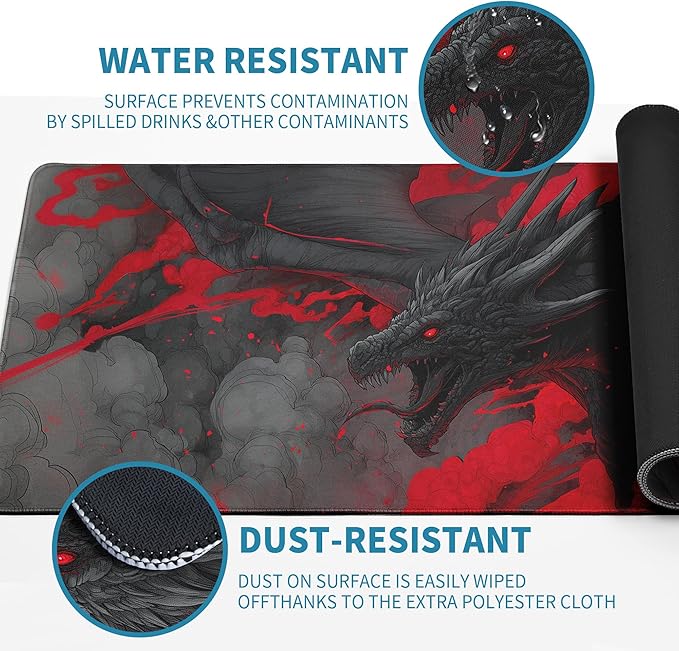 Huge Dragon Mouse Pad Desk Mat XL Extended Large Gaming Desk Pad Mousepad, Red and Black Computer Laptop Keyboard and Mouse Mat, Desktop Protector Mat for Office and Home 31.5x11.8 in