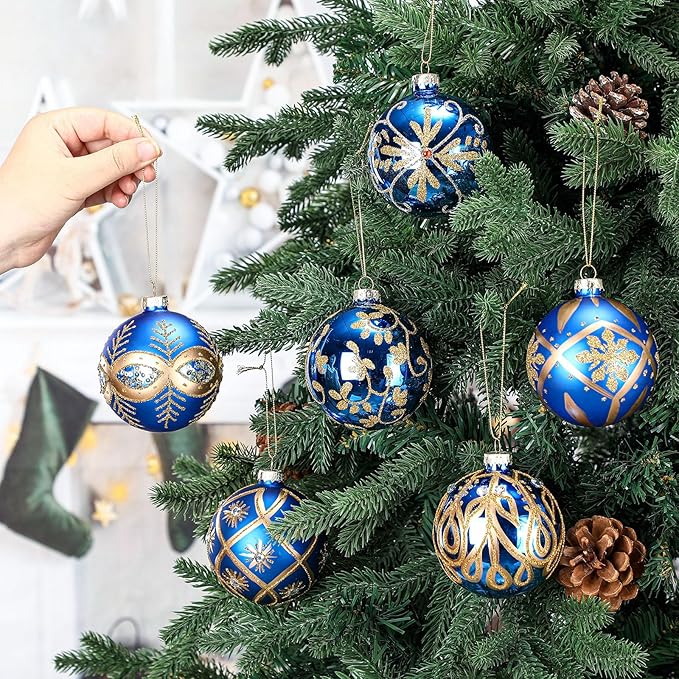 6 pcs 3.15 Inch Glass Luxury Christmas Ball Blue and Gold Ball Ornaments Glass Christmas Tree Decorations Luxury Hanging Ornaments for Xmas Tree Party Holiday Decor