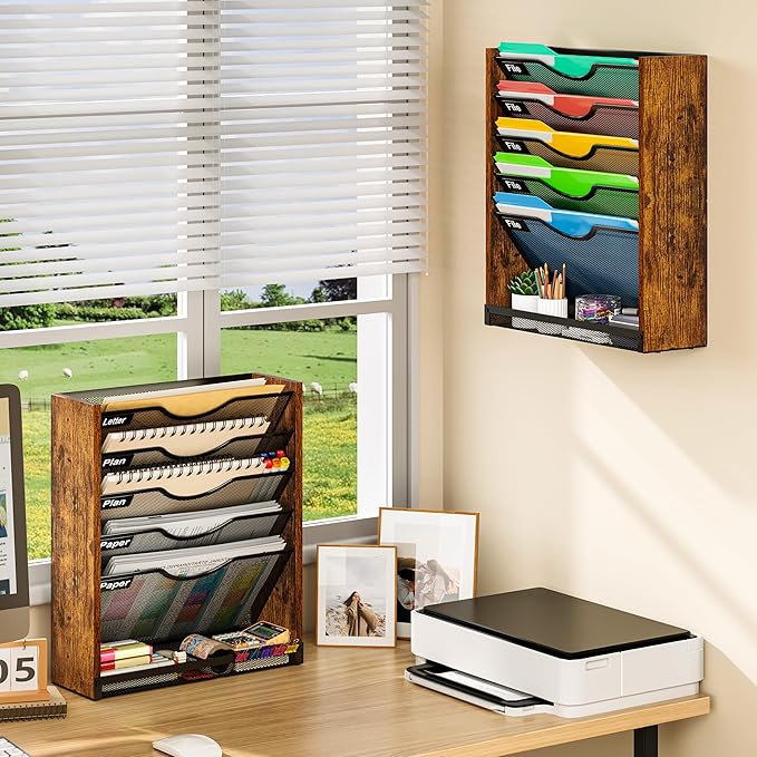 6-Tier Wall File Organizer with Bottom Tray, Ironwood Mail Organizer Wall Mounted with Metal Mesh, Document Organizer for Paper, Folder, Magazine, Office Desk Accessories for Home Cubicle Countertop