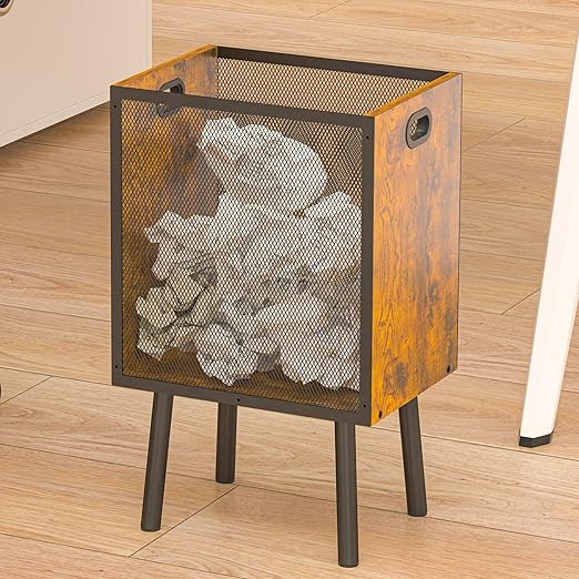 4.5 Gallon Office Trash Can for Near Desk, Wood Bedroom Trashcan Rectangular Wastebasket with Mesh - Handles - Leg, Small Garbage Can Trash Bin for Office Bedroom Living Room Bathroom Dorm