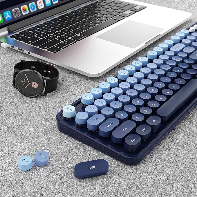 Wireless Keyboard and Mouse Combo, Ergonomic Full Size Typewriter Retro Round Keycaps Keyboard, Compatible with Windows, PC, Perfer for Home and Office Keyboards (Twilight Blue