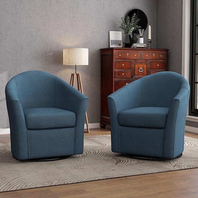 UIXE 360° Swivel Barrel Accent Chairs Set of 2, Modern Round Arm Chair Upholstered Club Armchair, Single Sofa Seating in Fabric for Living Room, Bedroom (Blue)
