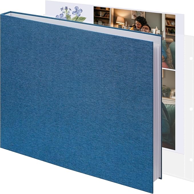Vienrose 12x12 Inch Large 3 Ring Binder Scrapbook Photo Album, Linen Cover DIY Scrapbooks with 30 Sheets Plastic Sleeves 60 Pages Blank White Inner Pages for Wedding Birthday Baby Travel Blue