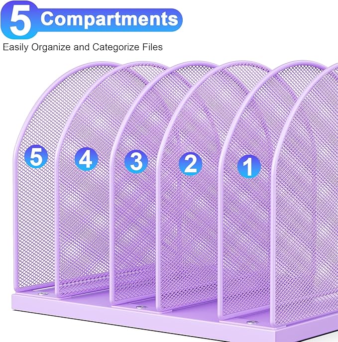 gianotter Desktop File Organizer, Desk Organizer with 5 Compartments, Paper Organizer for Desk, Workspace Organizers for Office Supplies (Purple)
