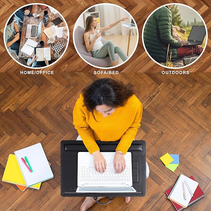 CENNBIE Leather Lap Desk with Memory Foam Cushion 24x16 Inches- Adjustable Portable Laptop Tray Fits 17 19 Inch Notebook - Built-in Wrist Rest Lightweight Computer Desk (Black)