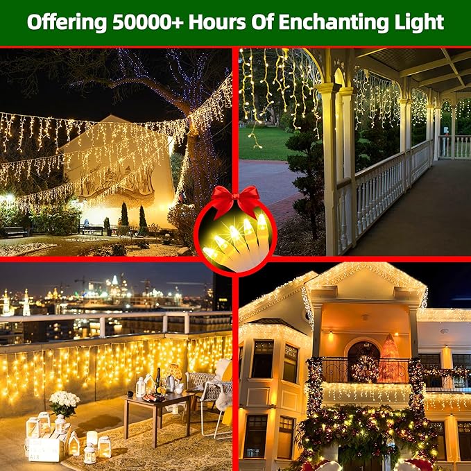 1296 LED Outdoor Christmas Lights with 288 Drops, 131FT ChristmasLights with 8 Modes Timer, Christmas Twinkly Lights IP44 Waterproof for Eaves Yard Room Holiday Wedding Party Decor Warm White