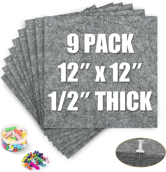 AKTOP Cork Bulletin Board 12x12, 1/2" Thick Felt Cork Board Tiles 9 Pack, Small Square Pin Board for Wall, Self Adhesive Corkboards with 120 Push Pin Wood Clips for School, Home & Office, Grey