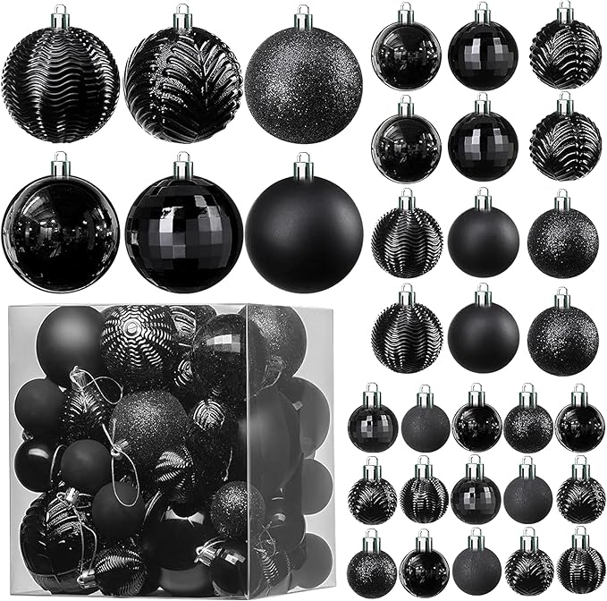 PREXTEX 36 Piece Christmas Ornaments Set - Black Shatterproof Balls in 6 Styles and 3 Sizes with Hanging Loops - Elegant Christmas Tree Decorations for Indoor and Outdoor Black Xmas Tree Display